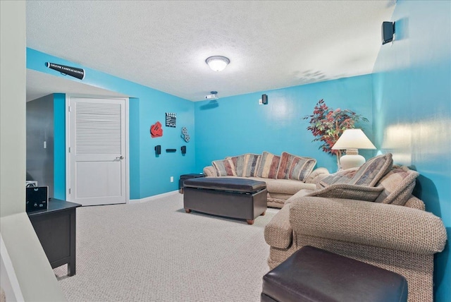 carpeted living room with a textured ceiling