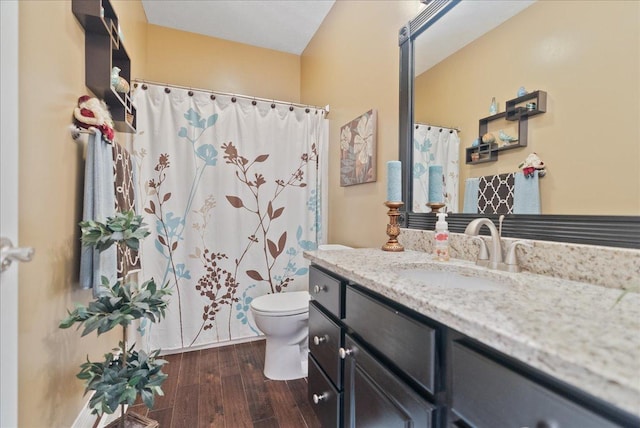 bathroom featuring vanity, toilet, and wood-type flooring