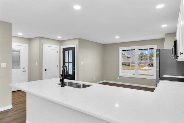 kitchen with white cabinetry, dark hardwood / wood-style flooring, kitchen peninsula, and sink