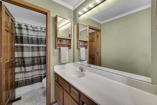 bathroom with tile patterned flooring, toilet, a shower with curtain, crown molding, and vanity