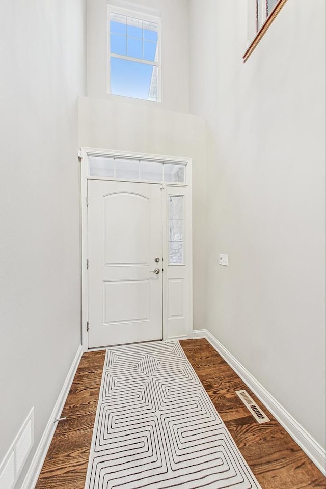 foyer with hardwood / wood-style flooring and a towering ceiling