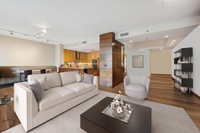 living room with light hardwood / wood-style floors and a tray ceiling