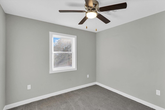 empty room featuring ceiling fan and carpet