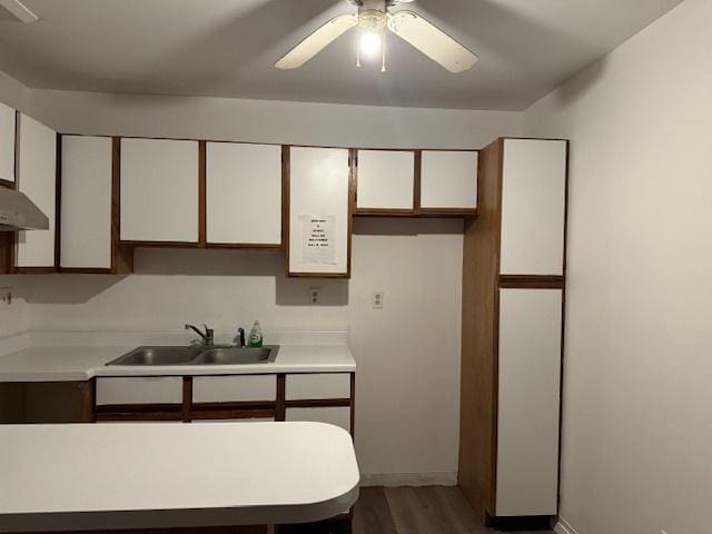 kitchen with white cabinets, ceiling fan, dark hardwood / wood-style floors, and sink