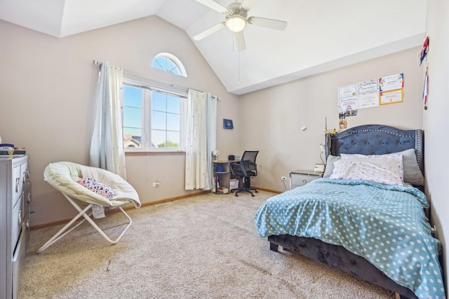 bedroom featuring carpet flooring, vaulted ceiling, and ceiling fan