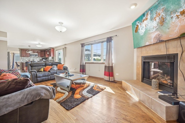 living room with a fireplace and light hardwood / wood-style flooring