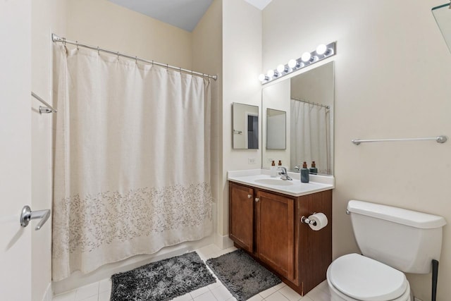 full bathroom with tile patterned floors, vanity, toilet, and shower / tub combo with curtain