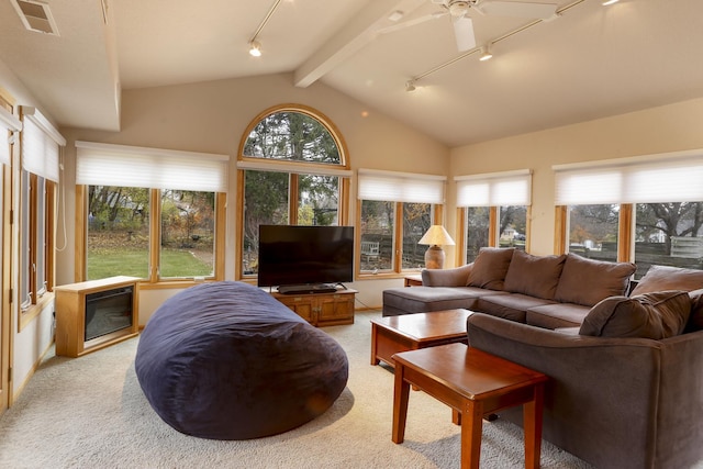 living room featuring rail lighting, light colored carpet, and plenty of natural light