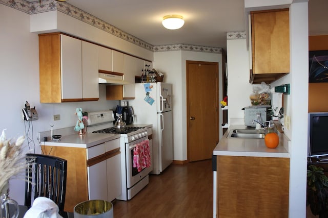 kitchen featuring wood-type flooring, white cabinetry, gas range gas stove, and sink