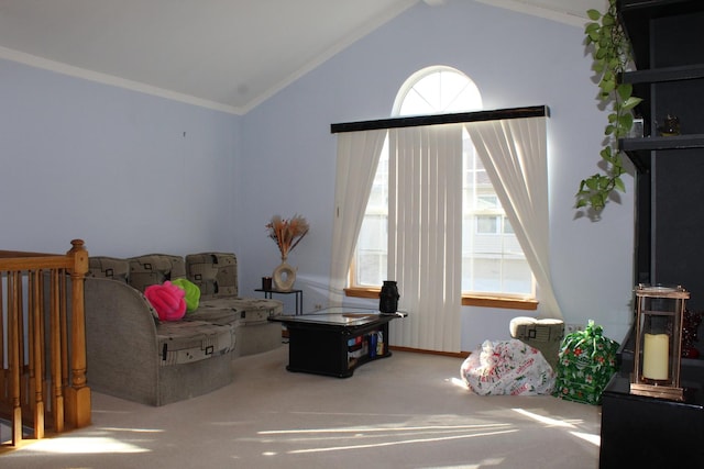 sitting room with carpet, crown molding, a wealth of natural light, and lofted ceiling