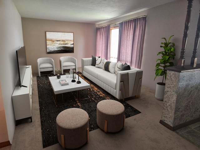 living room with carpet and a textured ceiling