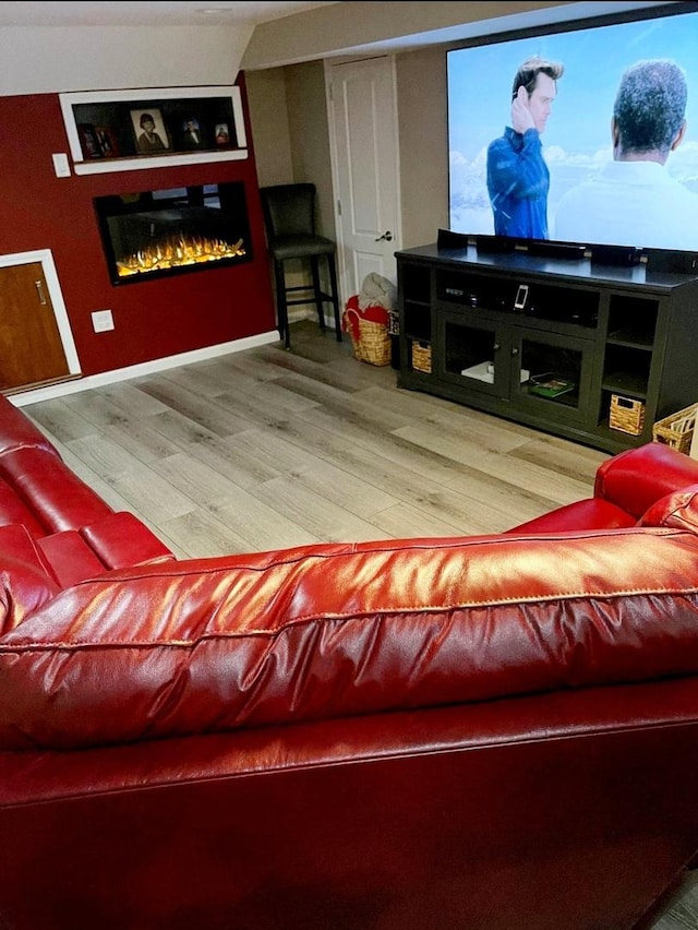 home theater room featuring hardwood / wood-style floors