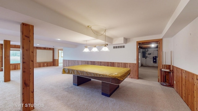 recreation room with wooden walls, carpet floors, and billiards