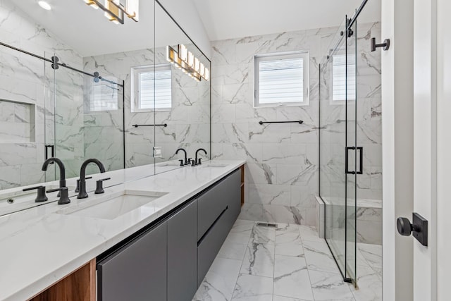 bathroom featuring vanity and walk in shower