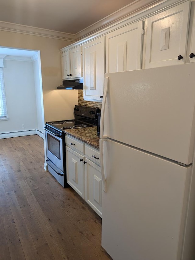 kitchen featuring dark stone countertops, white fridge, stainless steel electric range, white cabinets, and light wood-type flooring