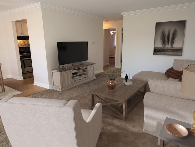 living room with light wood-type flooring and crown molding