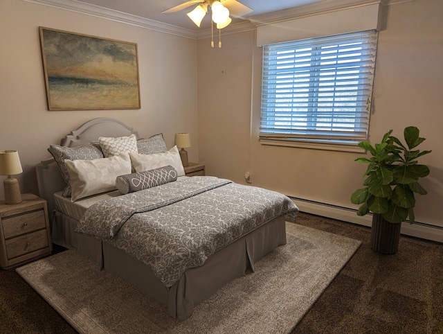 bedroom featuring ceiling fan, crown molding, and carpet floors