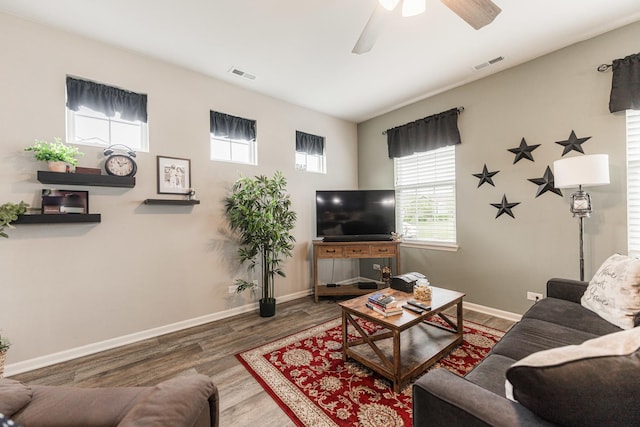 living room featuring ceiling fan and wood-type flooring