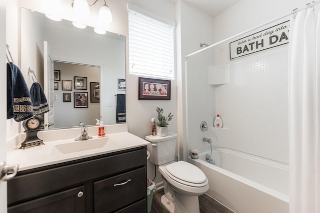 full bathroom with hardwood / wood-style floors, vanity, toilet, and shower / bathtub combination with curtain