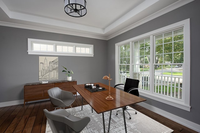 office with dark hardwood / wood-style floors, plenty of natural light, and crown molding