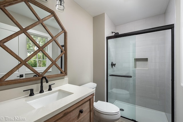 bathroom featuring vanity, toilet, and a shower with door