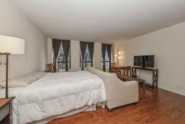 bedroom featuring multiple windows and dark hardwood / wood-style flooring