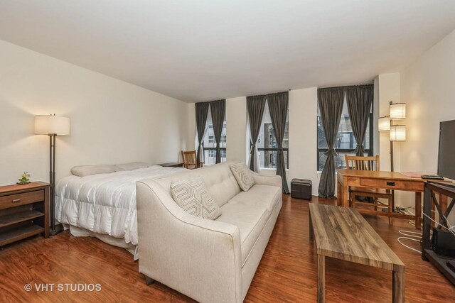 bedroom with multiple windows and hardwood / wood-style floors