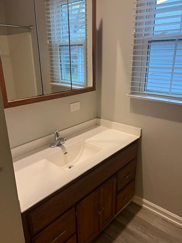 bathroom with hardwood / wood-style floors and vanity