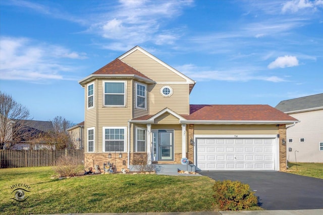 front facade with a garage and a front lawn