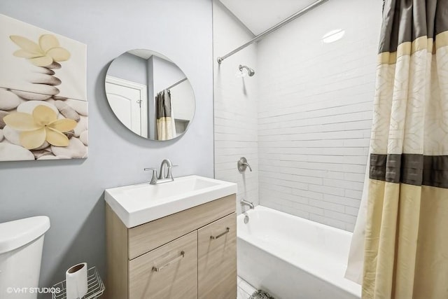 full bathroom with toilet, vanity, and shower / tub combo with curtain