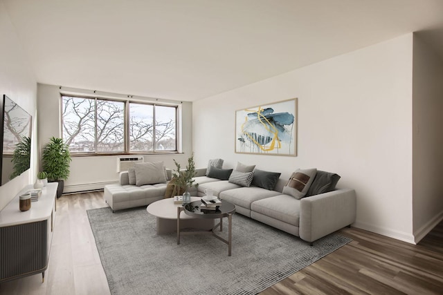 living room featuring a wall mounted air conditioner, dark hardwood / wood-style floors, and baseboard heating