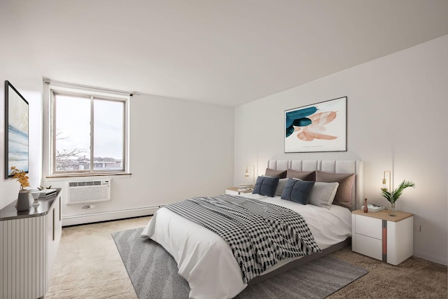 carpeted bedroom with baseboard heating and a wall mounted AC