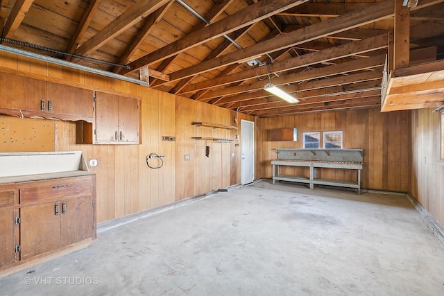 miscellaneous room featuring vaulted ceiling with beams, wooden ceiling, and wooden walls