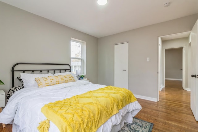 bedroom with hardwood / wood-style flooring and a closet