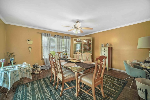 dining room featuring ceiling fan, dark hardwood / wood-style flooring, and crown molding