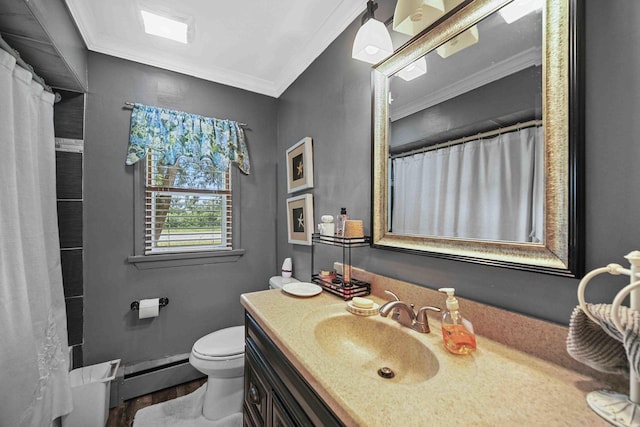 bathroom featuring walk in shower, baseboard heating, crown molding, toilet, and vanity