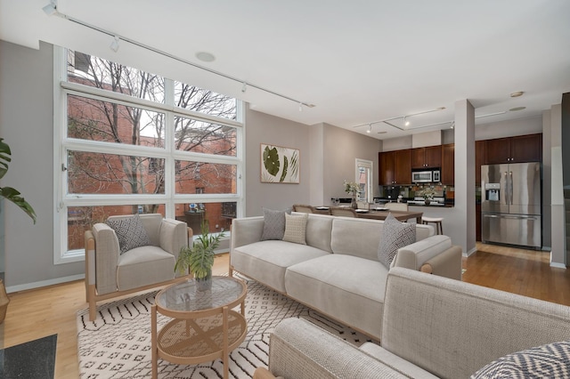 living room featuring light hardwood / wood-style floors and track lighting