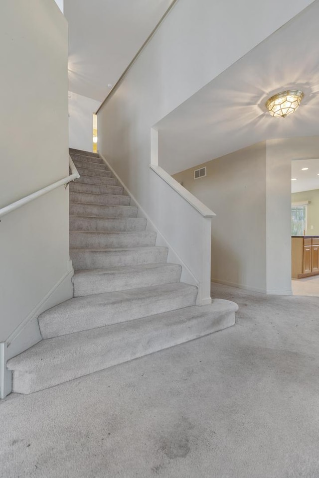 staircase featuring carpet flooring