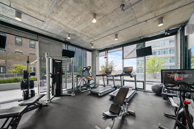 workout area featuring floor to ceiling windows