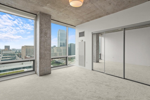 unfurnished bedroom featuring floor to ceiling windows, a closet, and carpet