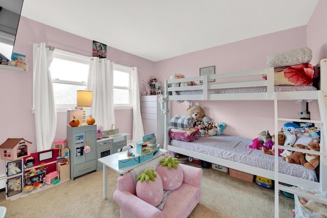 bedroom with light colored carpet