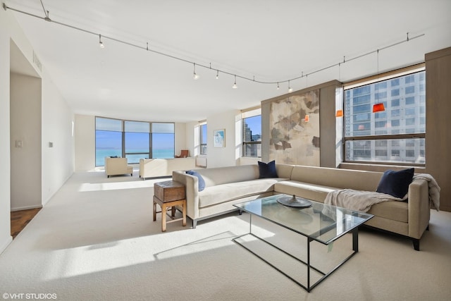 living room with carpet floors, a water view, and track lighting