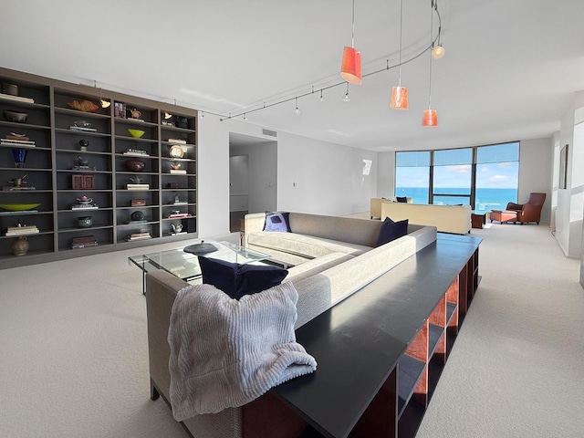 living room with carpet, expansive windows, a water view, and track lighting