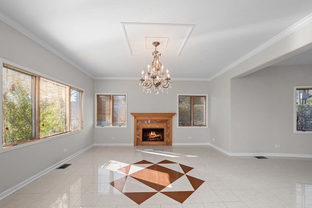 unfurnished living room with light tile patterned floors, a fireplace, visible vents, and baseboards