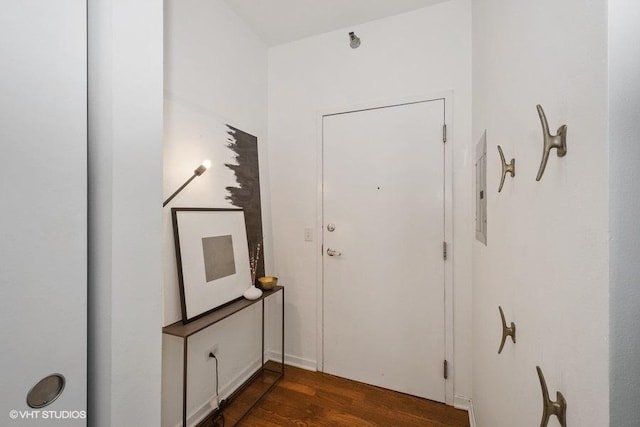 interior space with dark wood-type flooring