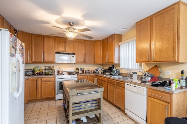 kitchen with ceiling fan, light tile patterned flooring, white appliances, and sink