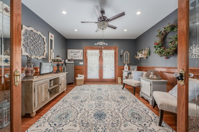 entryway with french doors, light hardwood / wood-style floors, and ceiling fan