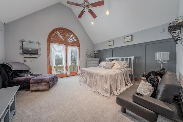 bedroom with carpet floors, access to exterior, ceiling fan, and high vaulted ceiling