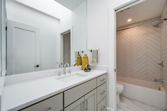 full bath with vanity, recessed lighting, shower / washtub combination, toilet, and marble finish floor