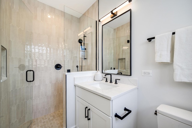 bathroom with toilet, a stall shower, and vanity